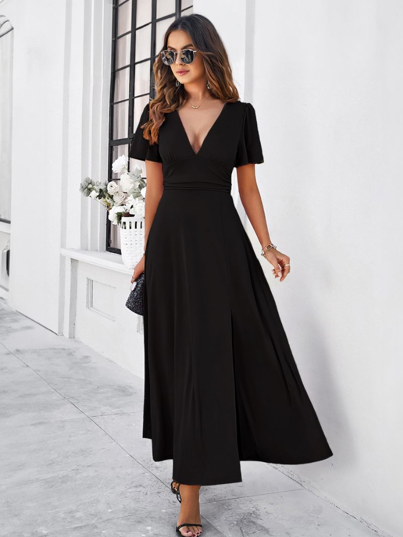 Robe Soirée Pour Femmes Col V Manches Courtes Fente Robes Cocktail Maxi - Noir