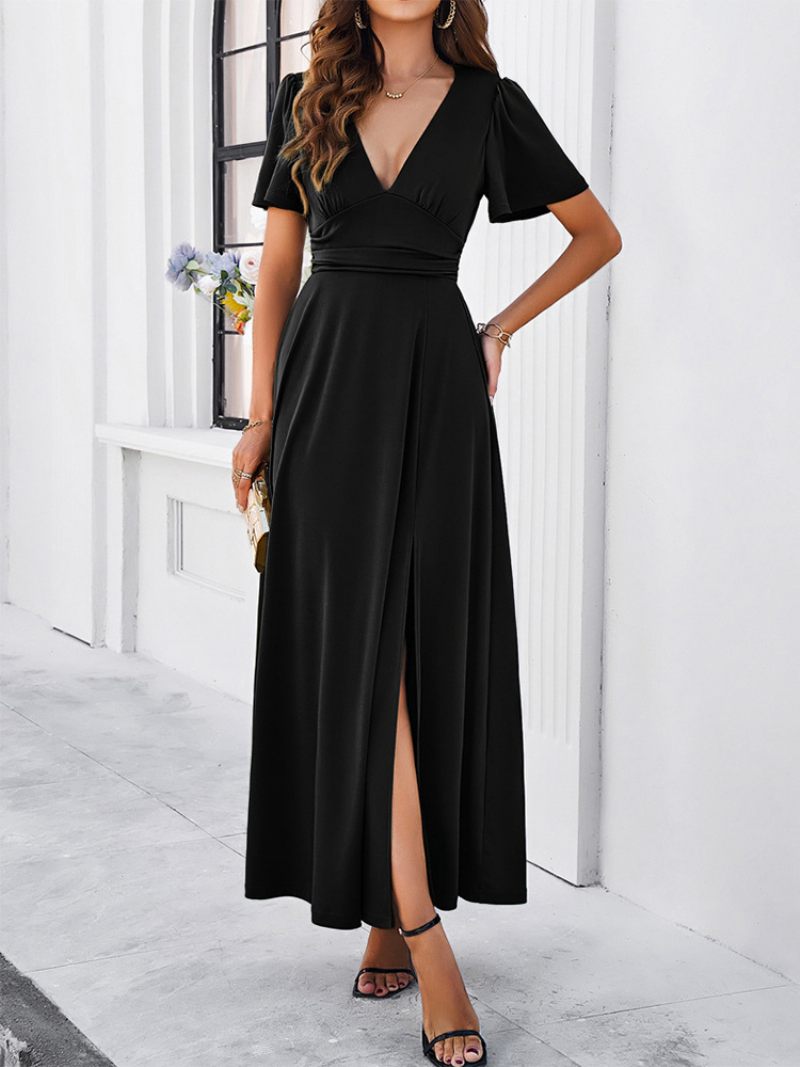 Robe Soirée Pour Femmes Col V Manches Courtes Fente Robes Cocktail Maxi - Noir