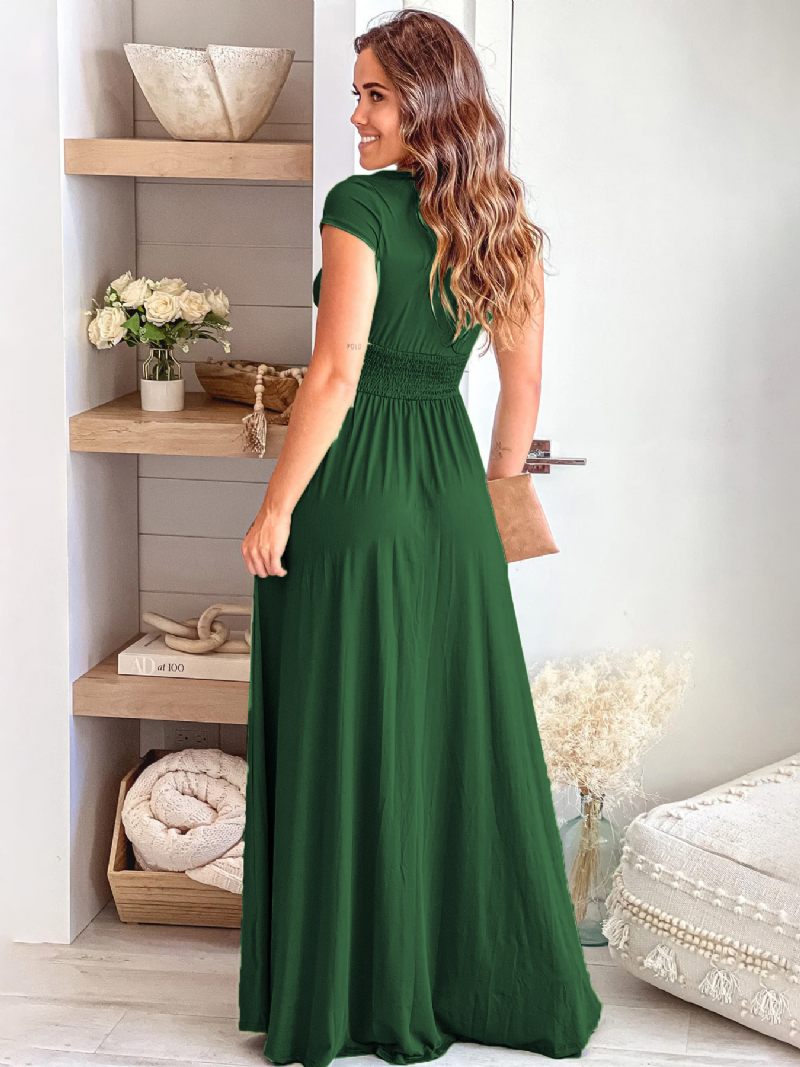 Robe Soirée À Manches Courtes Pour Femmes Col V Taille Empire Fente Robes Maxi Élégantes - Vert