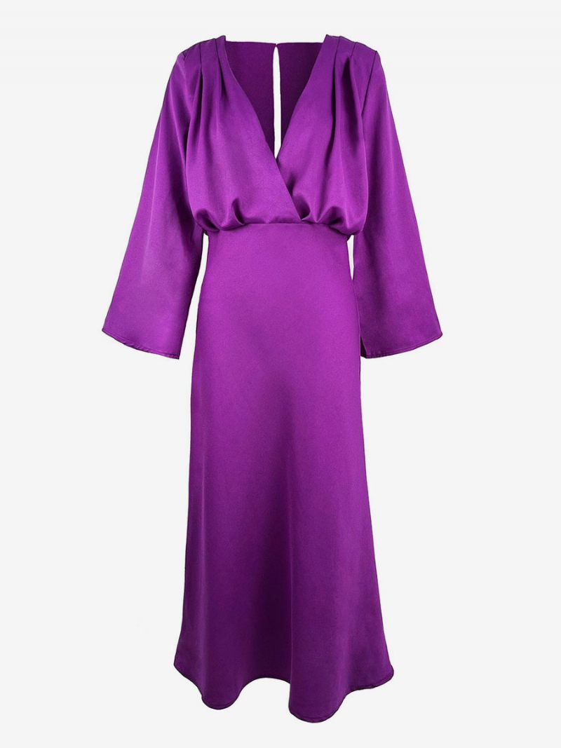 Robe Soirée Plissée À Manches Longues Et Col V Pour Femme Longue Bal Superposée - Raisin