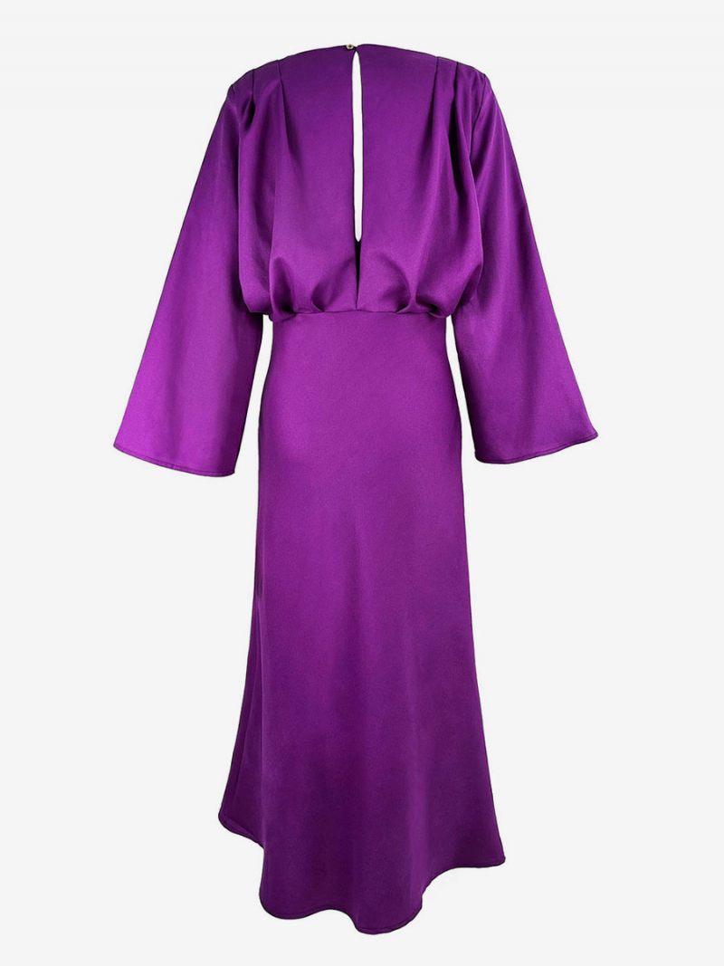 Robe Soirée Plissée À Manches Longues Et Col V Pour Femme Longue Bal Superposée - Raisin