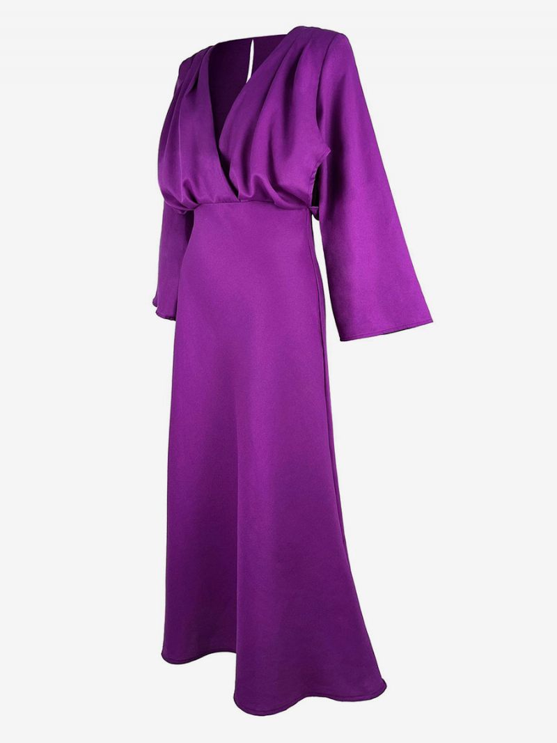 Robe Soirée Plissée À Manches Longues Et Col V Pour Femme Longue Bal Superposée - Raisin