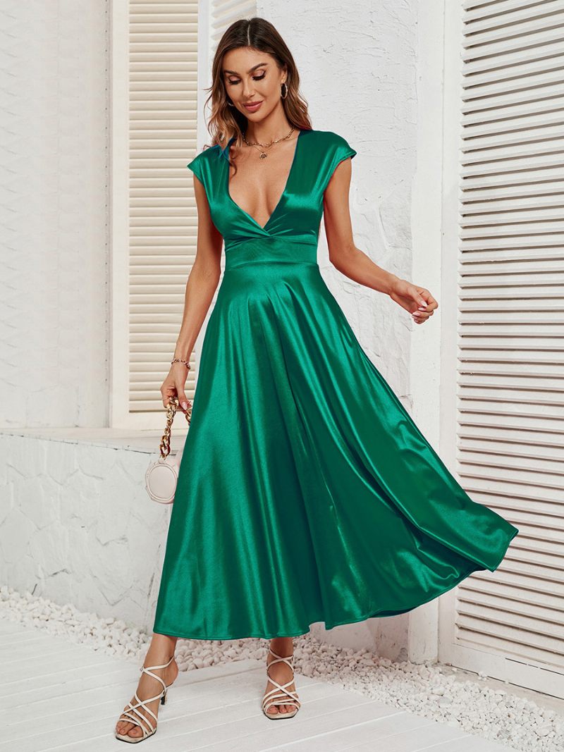 Robe Soirée Rouge Pour Femmes Plongeante Sans Manches Ligne A Sexy Robes Maxi Bal Et Rencontres - Vert