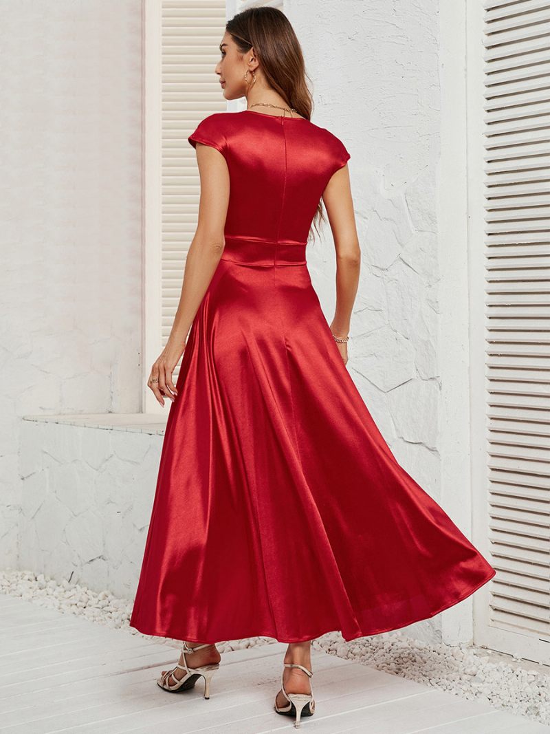 Robe Soirée Rouge Pour Femmes Plongeante Sans Manches Ligne A Sexy Robes Maxi Bal Et Rencontres - Rouge