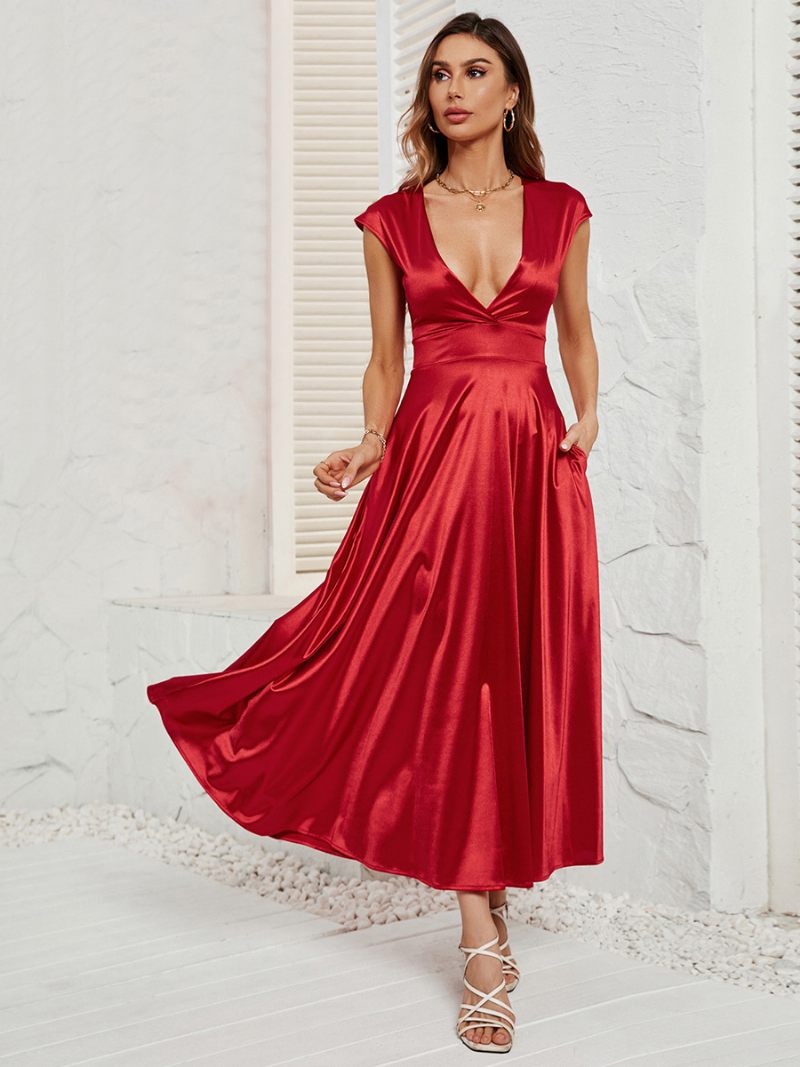 Robe Soirée Rouge Pour Femmes Plongeante Sans Manches Ligne A Sexy Robes Maxi Bal Et Rencontres - Rouge