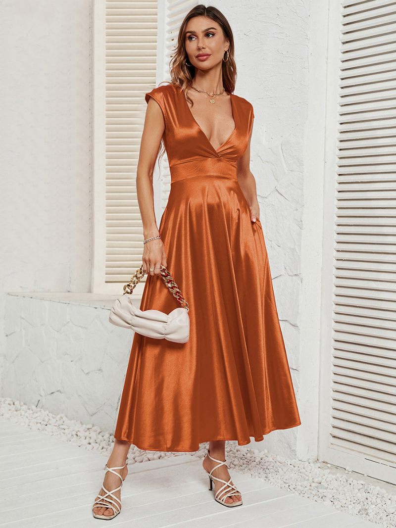 Robe Soirée Rouge Pour Femmes Plongeante Sans Manches Ligne A Sexy Robes Maxi Bal Et Rencontres - Café Marron