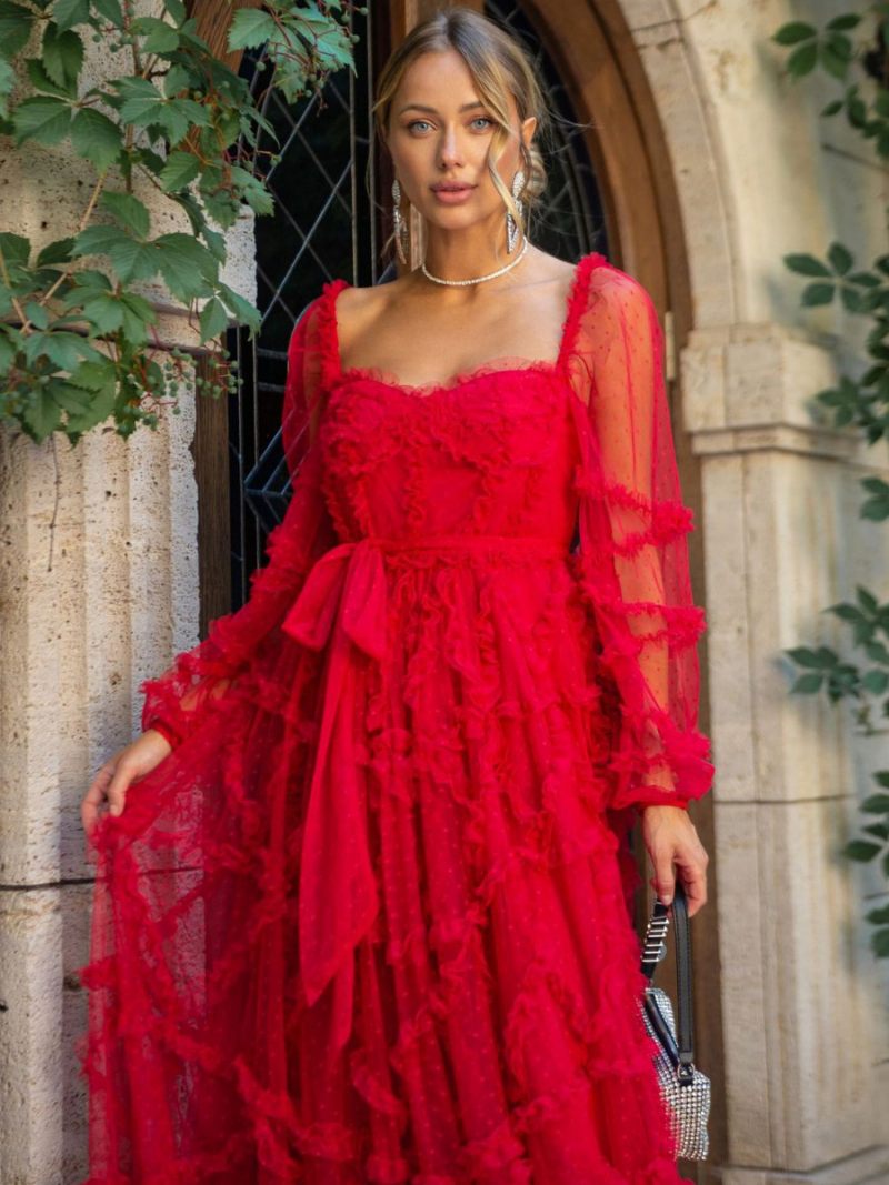 Robe À Volants Pour Femmes Manches Illusion Pois Robes Bal Fête Superposées - Rouge