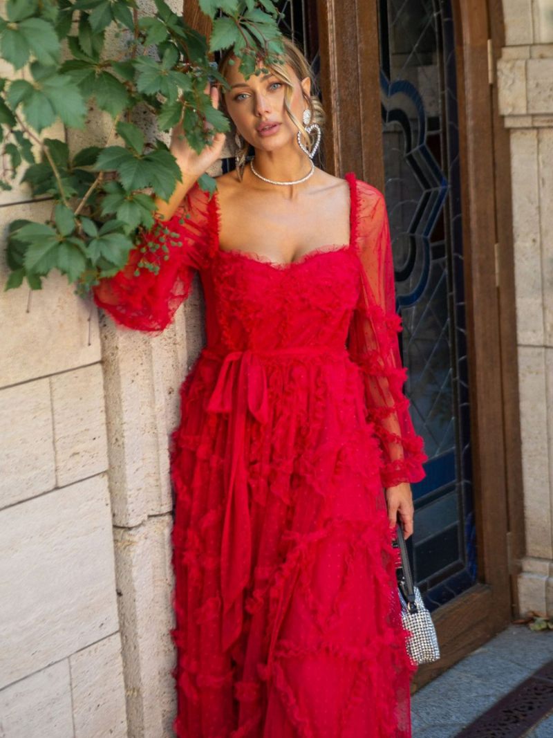 Robe À Volants Pour Femmes Manches Illusion Pois Robes Bal Fête Superposées - Rouge