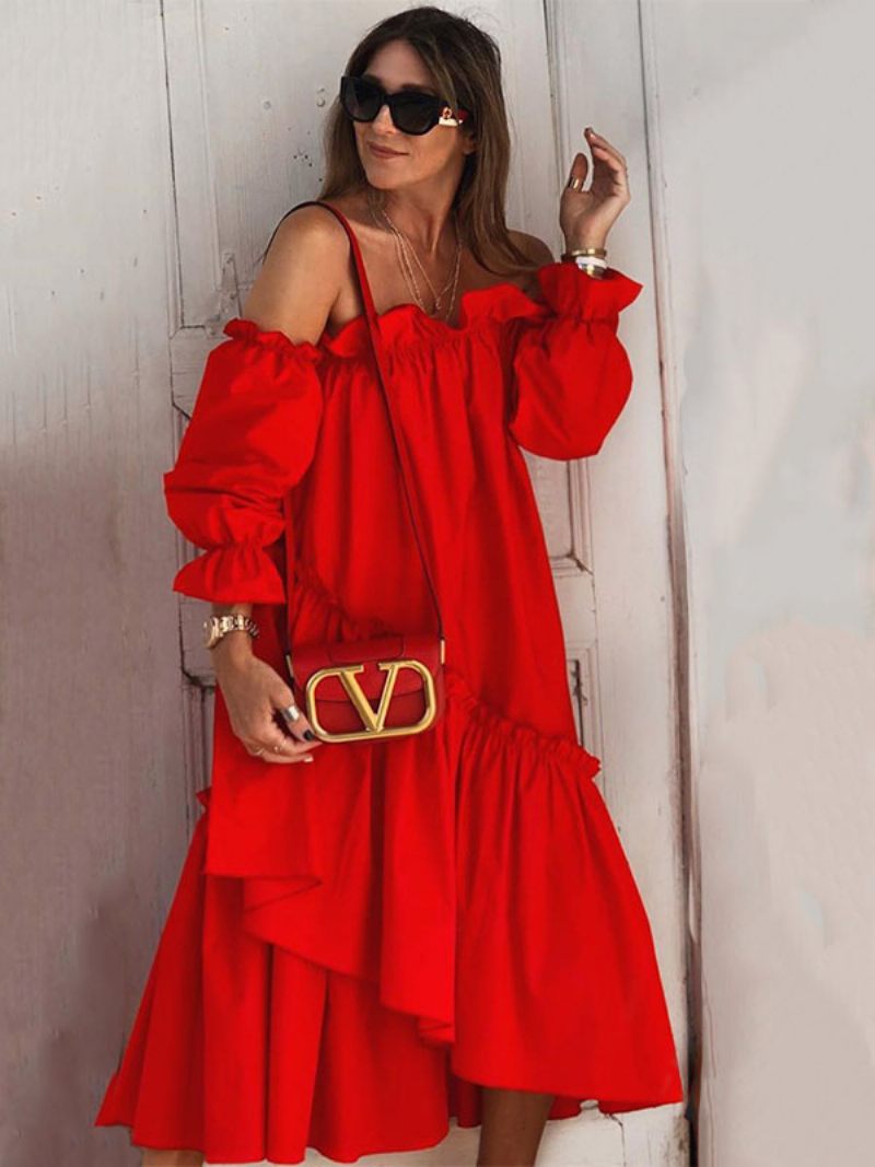 Robes Longues Pour Femmes Manches Col Bateau Rouge Robe Asymétrique Longue Au Sol