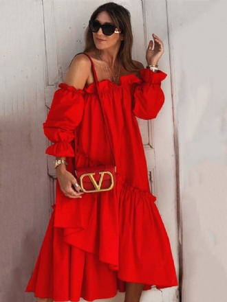 Robes Longues Pour Femmes Manches Col Bateau Rouge Robe Asymétrique Longue Au Sol