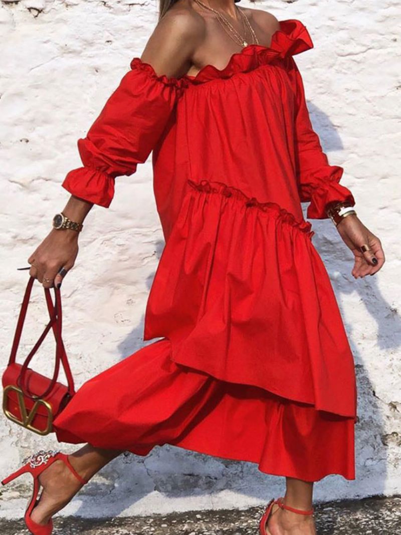 Robes Longues Pour Femmes Manches Col Bateau Rouge Robe Asymétrique Longue Au Sol - Rouge