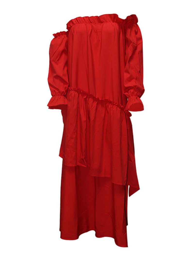 Robes Longues Pour Femmes Manches Col Bateau Rouge Robe Asymétrique Longue Au Sol - Rouge