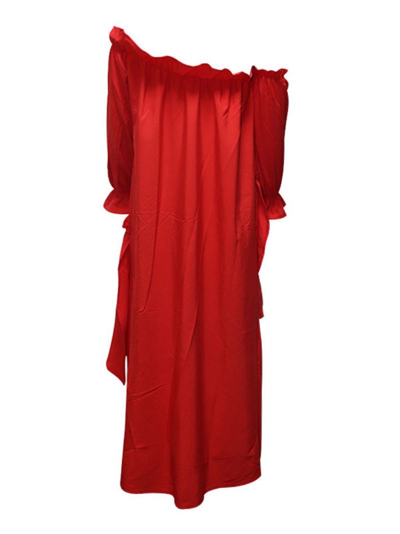 Robes Longues Pour Femmes Manches Col Bateau Rouge Robe Asymétrique Longue Au Sol - Rouge