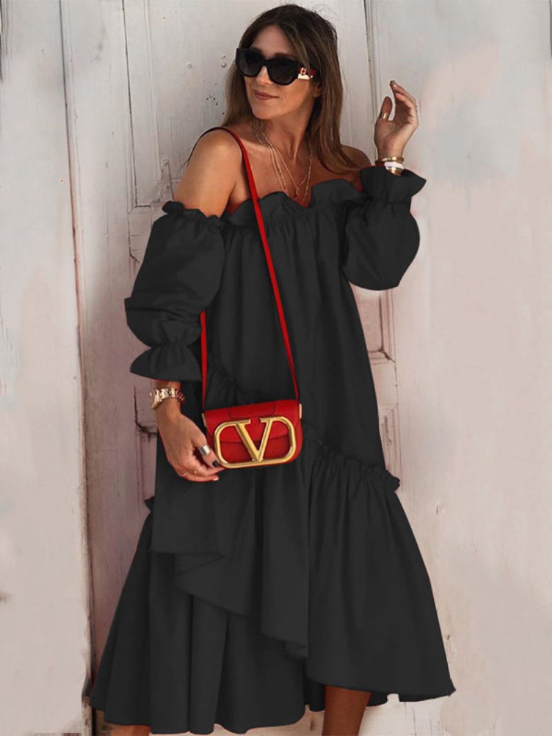 Robes Longues Pour Femmes Manches Col Bateau Rouge Robe Asymétrique Longue Au Sol - Noir