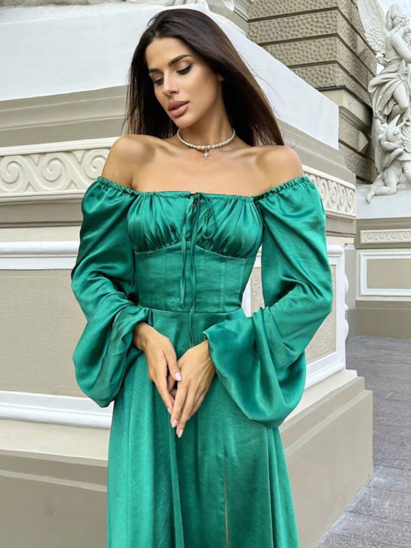 Robes Soirée Pour Femmes Bordeaux Col Bateau Manches Longues Plissées Fente Haute Robe Longue Bal - Vert