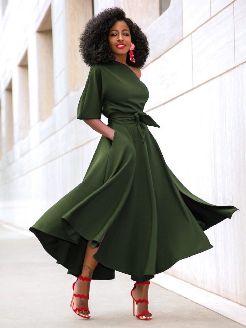 Robes Soirée Pour Femmes Vert Col Asymétrique Ceinture Manches Courtes Robe Semi-formelle Superposée