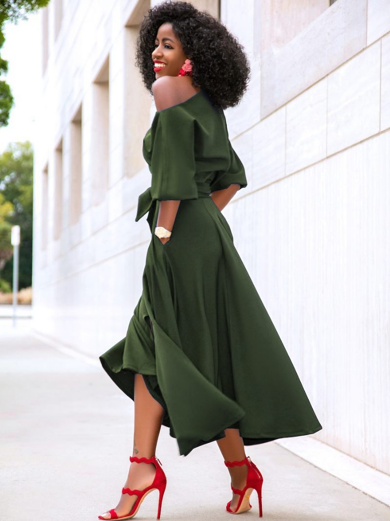 Robes Soirée Pour Femmes Vert Col Asymétrique Ceinture Manches Courtes Robe Semi-formelle Superposée - Vert