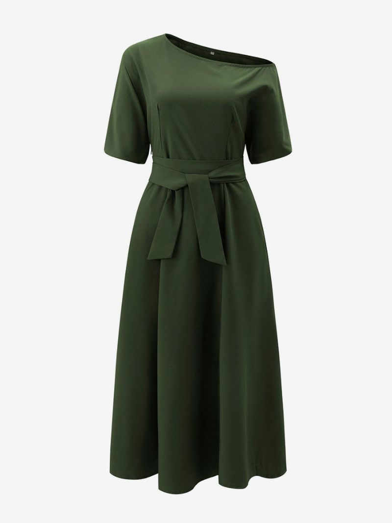 Robes Soirée Pour Femmes Vert Col Asymétrique Ceinture Manches Courtes Robe Semi-formelle Superposée - Vert