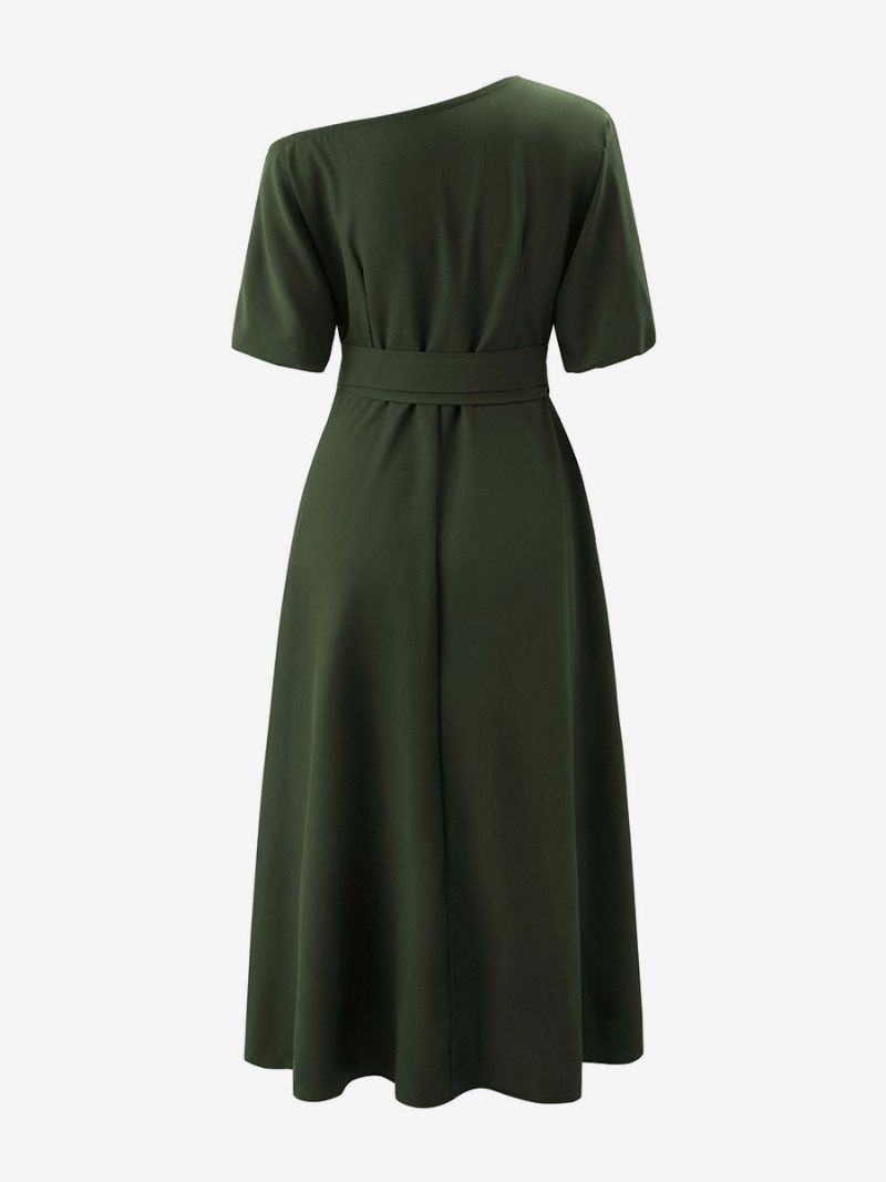 Robes Soirée Pour Femmes Vert Col Asymétrique Ceinture Manches Courtes Robe Semi-formelle Superposée - Vert