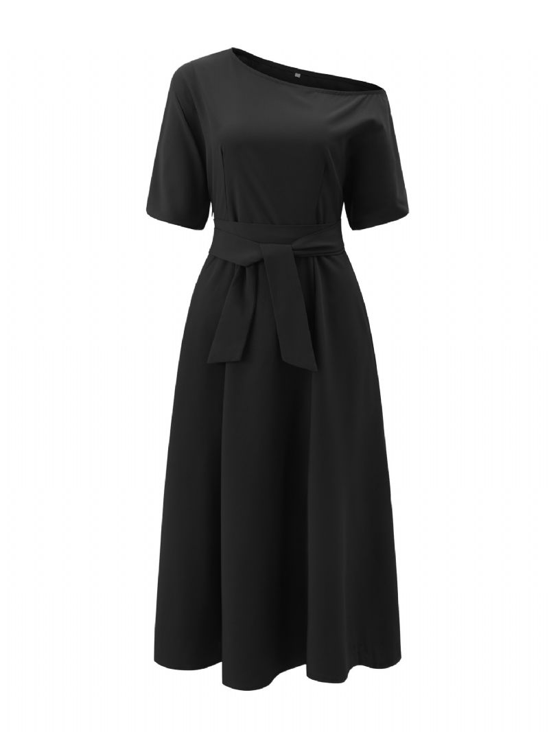 Robes Soirée Pour Femmes Vert Col Asymétrique Ceinture Manches Courtes Robe Semi-formelle Superposée - Noir