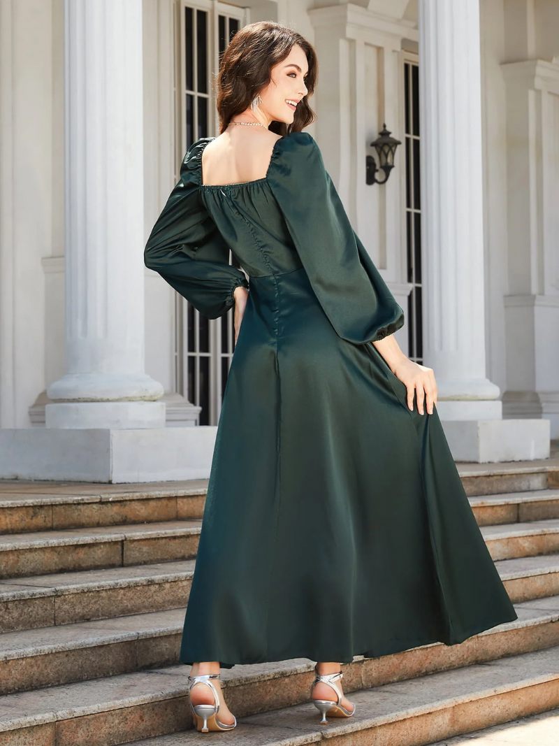 Robes Soirée Vertes Pour Femmes Corsage Froncé Col Carré Fente Haute Robe Longue Bal - Vert