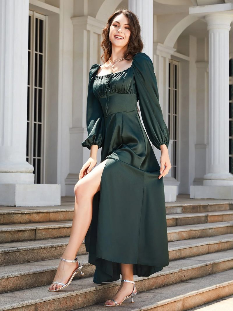 Robes Soirée Vertes Pour Femmes Corsage Froncé Col Carré Fente Haute Robe Longue Bal - Vert