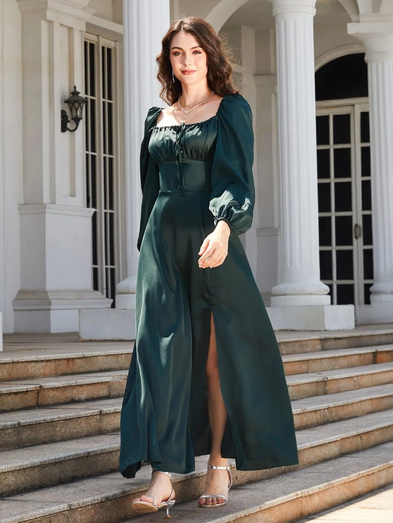 Robes Soirée Vertes Pour Femmes Corsage Froncé Col Carré Fente Haute Robe Longue Bal - Vert