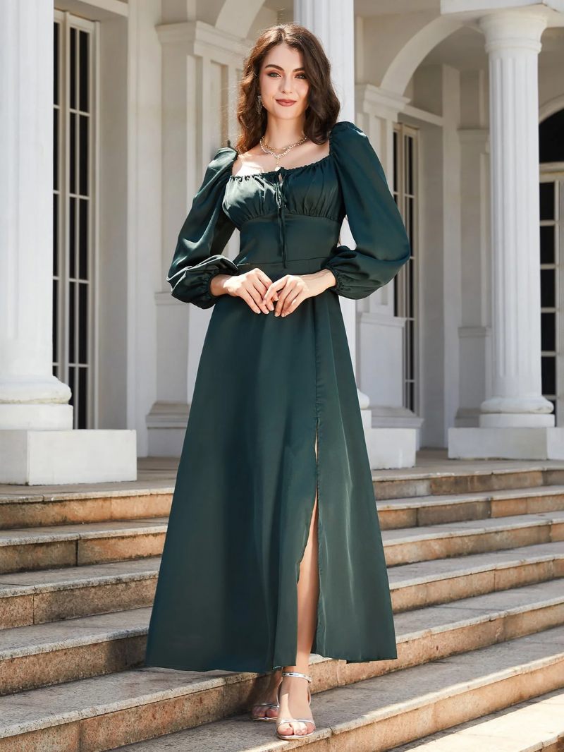 Robes Soirée Vertes Pour Femmes Corsage Froncé Col Carré Fente Haute Robe Longue Bal - Vert