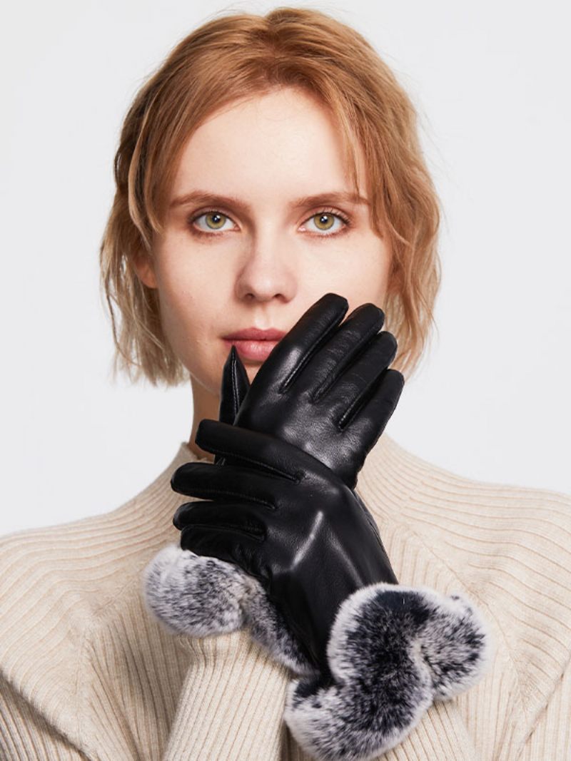 Fausse Fourrure Décor Court Dames Chaud Chauffé Hiver Pu Cuir Imperméable Gants Courts Pour Les Femmes