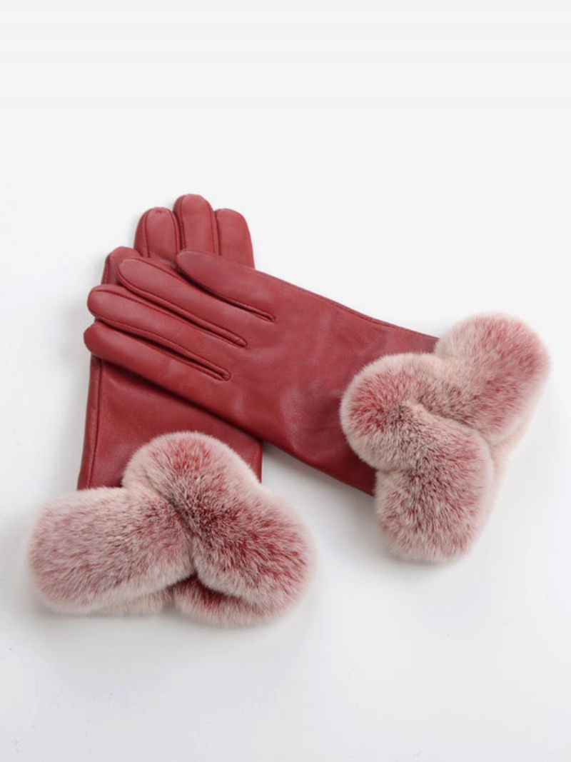 Fausse Fourrure Décor Court Dames Chaud Chauffé Hiver Pu Cuir Imperméable Gants Courts Pour Les Femmes - Rouge