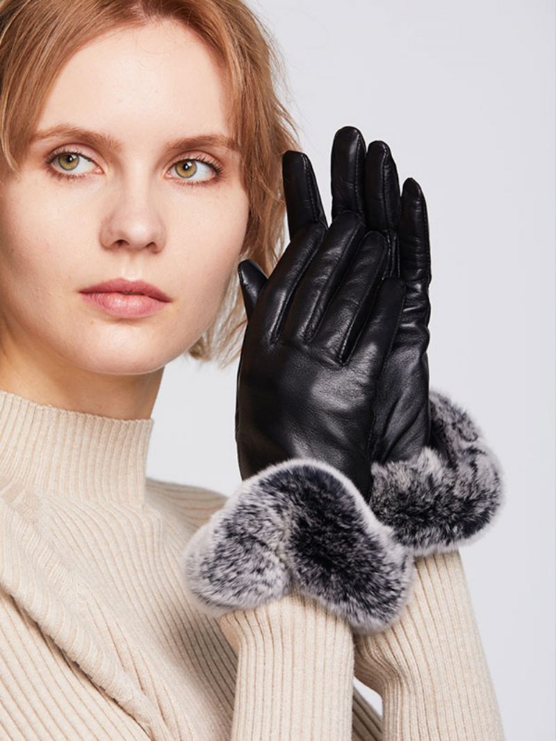 Fausse Fourrure Décor Court Dames Chaud Chauffé Hiver Pu Cuir Imperméable Gants Courts Pour Les Femmes - Noir