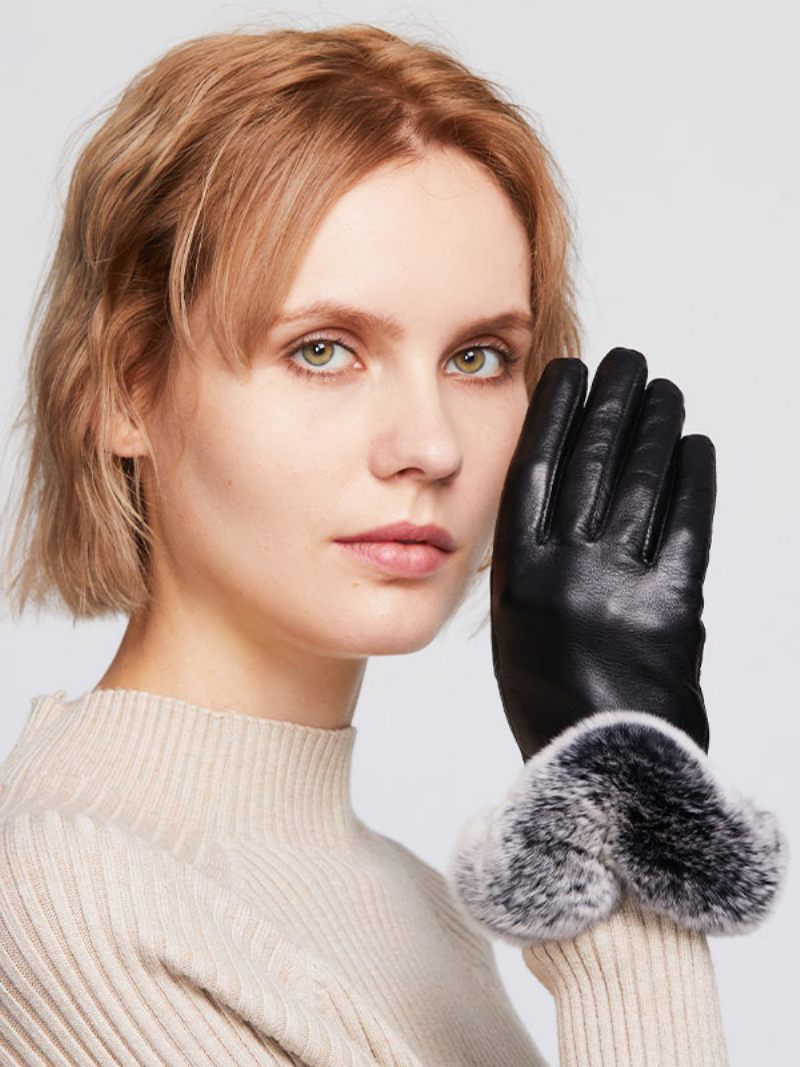 Fausse Fourrure Décor Court Dames Chaud Chauffé Hiver Pu Cuir Imperméable Gants Courts Pour Les Femmes - Noir