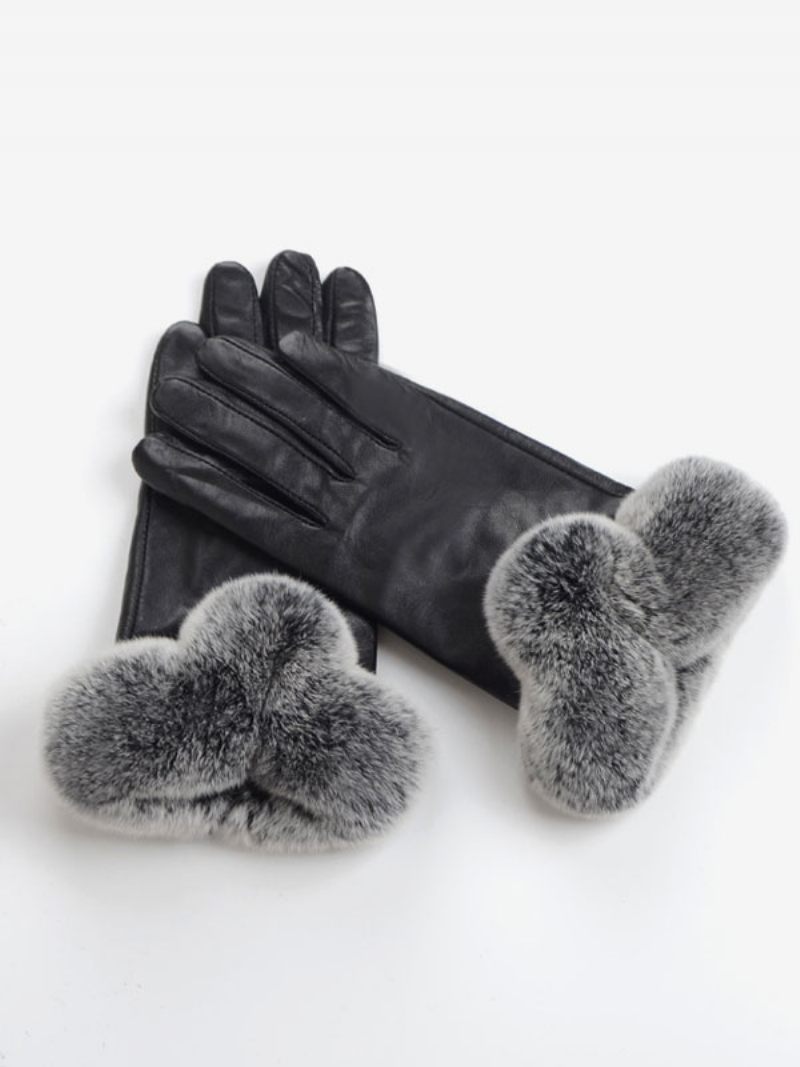 Fausse Fourrure Décor Court Dames Chaud Chauffé Hiver Pu Cuir Imperméable Gants Courts Pour Les Femmes - Noir