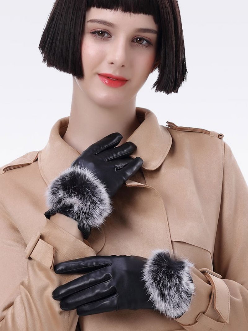 Fausse Fourrure Décor Dames Chaud Chauffé Hiver Cuir Imperméable Gants Courts Pour Les Femmes