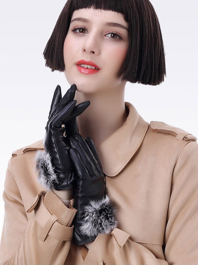 Fausse Fourrure Décor Dames Chaud Chauffé Hiver Cuir Imperméable Gants Courts Pour Les Femmes - Noir