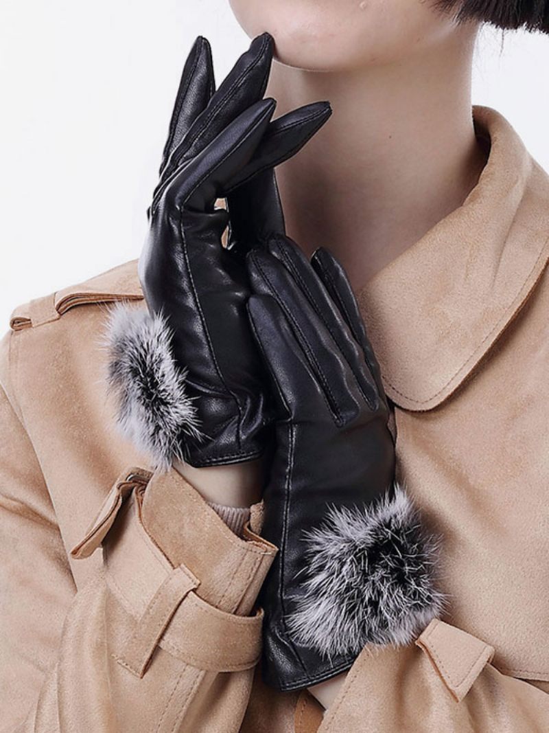 Fausse Fourrure Décor Dames Chaud Chauffé Hiver Cuir Imperméable Gants Courts Pour Les Femmes - Noir