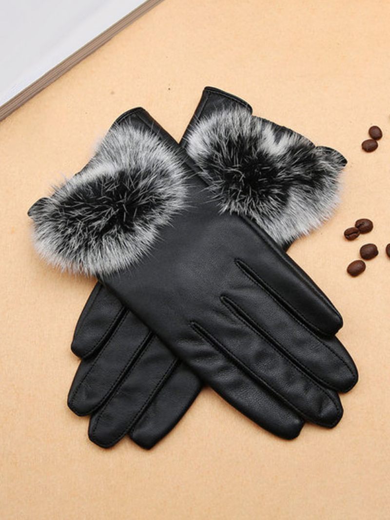 Fausse Fourrure Décor Dames Chaud Chauffé Hiver Cuir Imperméable Gants Courts Pour Les Femmes - Noir