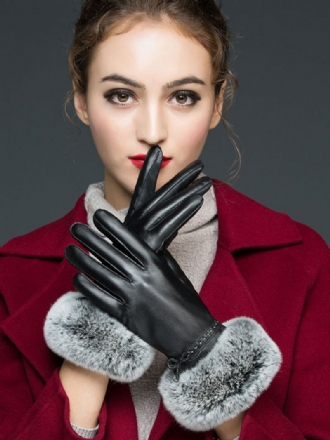 Fausse Fourrure Décor Dames Chaud Chauffé Hiver Cuir Imperméable Gants Courts Pour Les Femmes