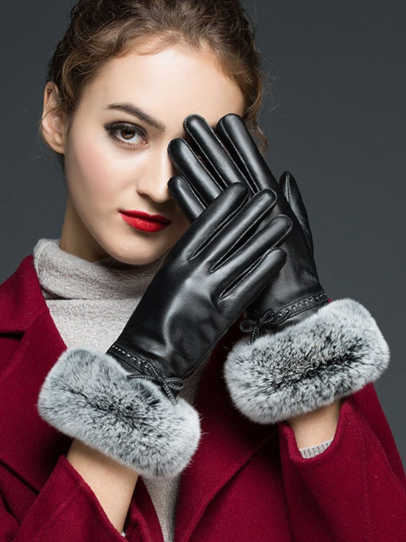 Fausse Fourrure Décor Dames Chaud Chauffé Hiver Cuir Imperméable Gants Courts Pour Les Femmes - Gris Clair