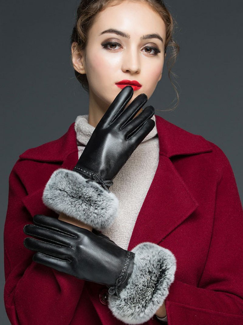 Fausse Fourrure Décor Dames Chaud Chauffé Hiver Cuir Imperméable Gants Courts Pour Les Femmes - Gris Clair