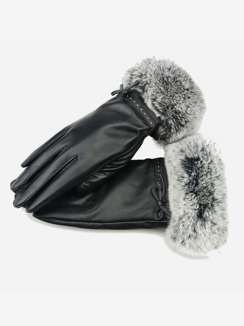 Fausse Fourrure Décor Dames Chaud Chauffé Hiver Cuir Imperméable Gants Courts Pour Les Femmes - Gris Clair