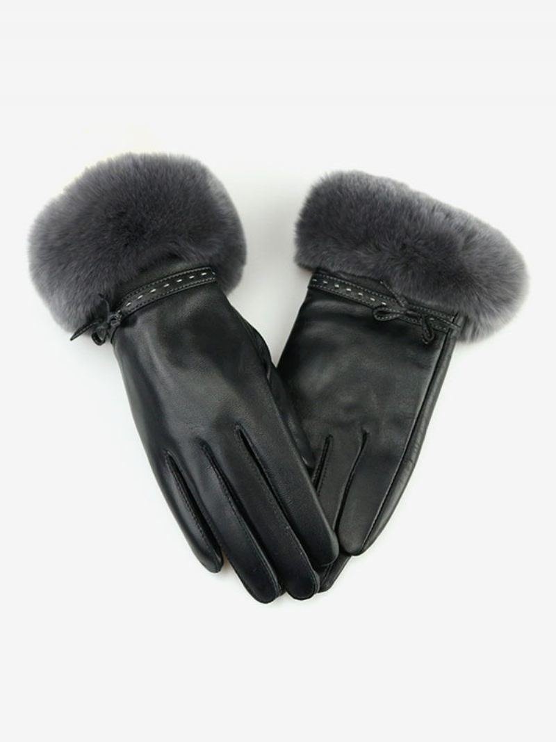 Fausse Fourrure Décor Dames Chaud Chauffé Hiver Cuir Imperméable Gants Courts Pour Les Femmes - Noir