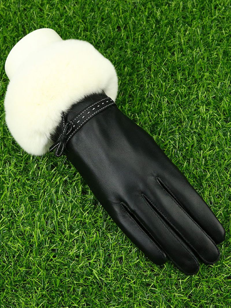 Fausse Fourrure Décor Dames Chaud Chauffé Hiver Cuir Imperméable Gants Courts Pour Les Femmes - Blanc