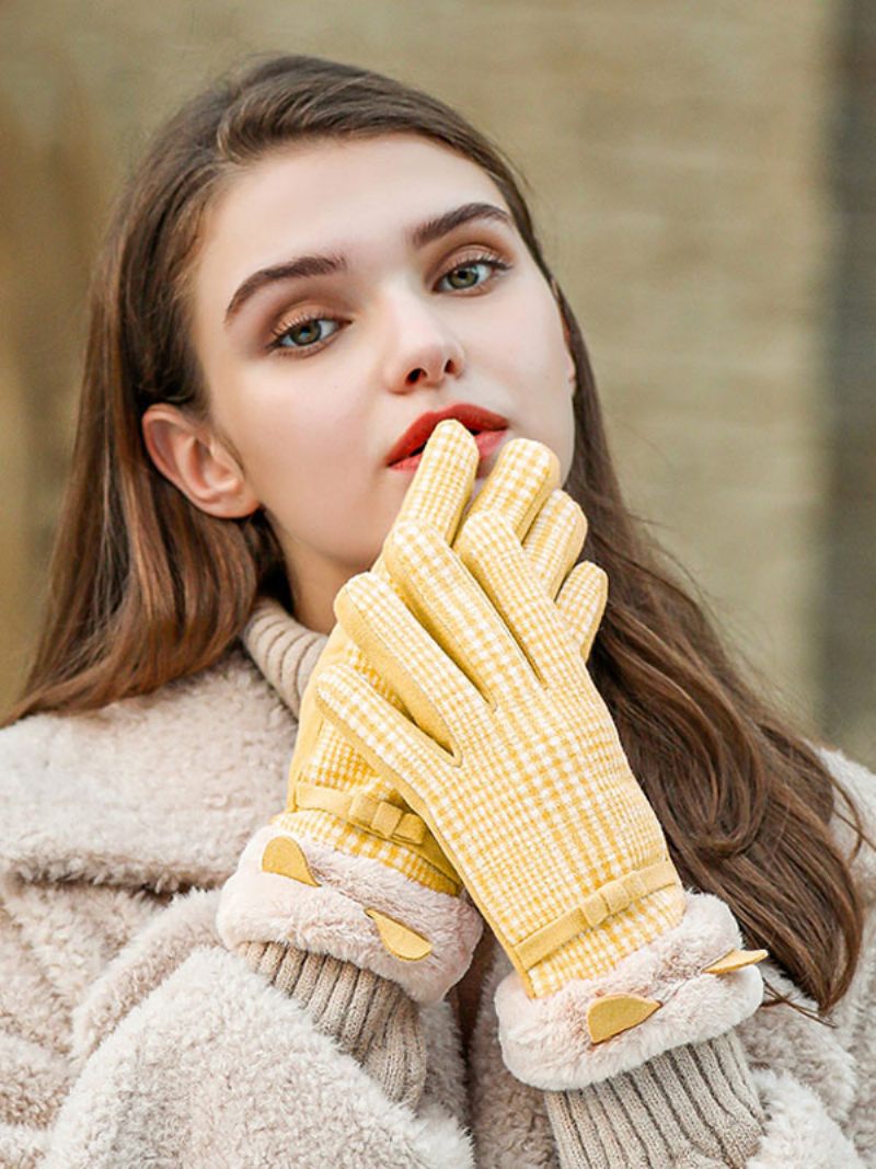 Gants Courts D'hiver Chauds Et Chauffés Pour Femmes Nœuds À Carreaux - Jaune