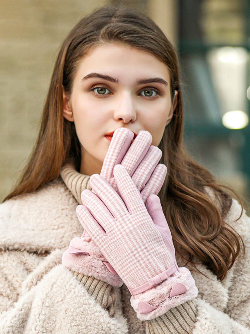 Gants Courts D'hiver Chauds Et Chauffés Pour Femmes Nœuds À Carreaux - Rose