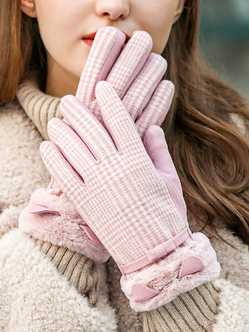 Gants Courts D'hiver Chauds Et Chauffés Pour Femmes Nœuds À Carreaux - Rose