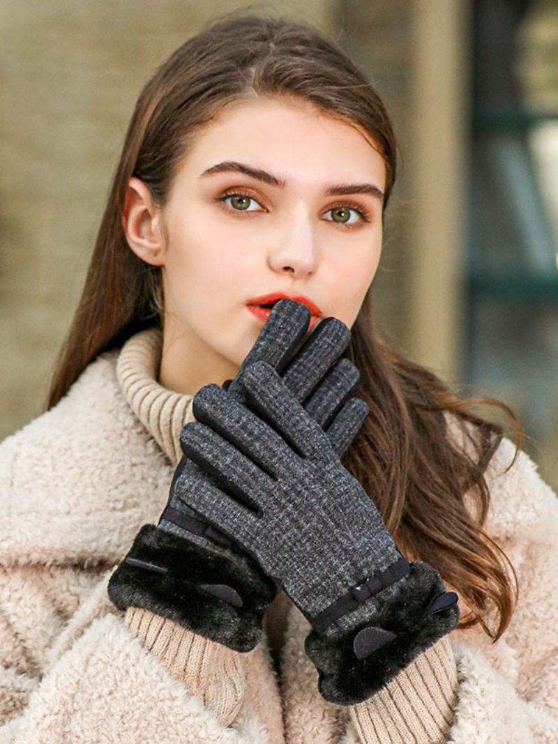 Gants Courts D'hiver Chauds Et Chauffés Pour Femmes Nœuds À Carreaux - Noir