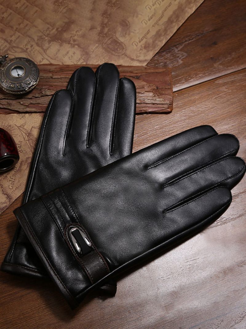 Gants Courts Imperméables Cuir D'hiver Chauffants Et Chauds Pour Hommes - Argent Noir