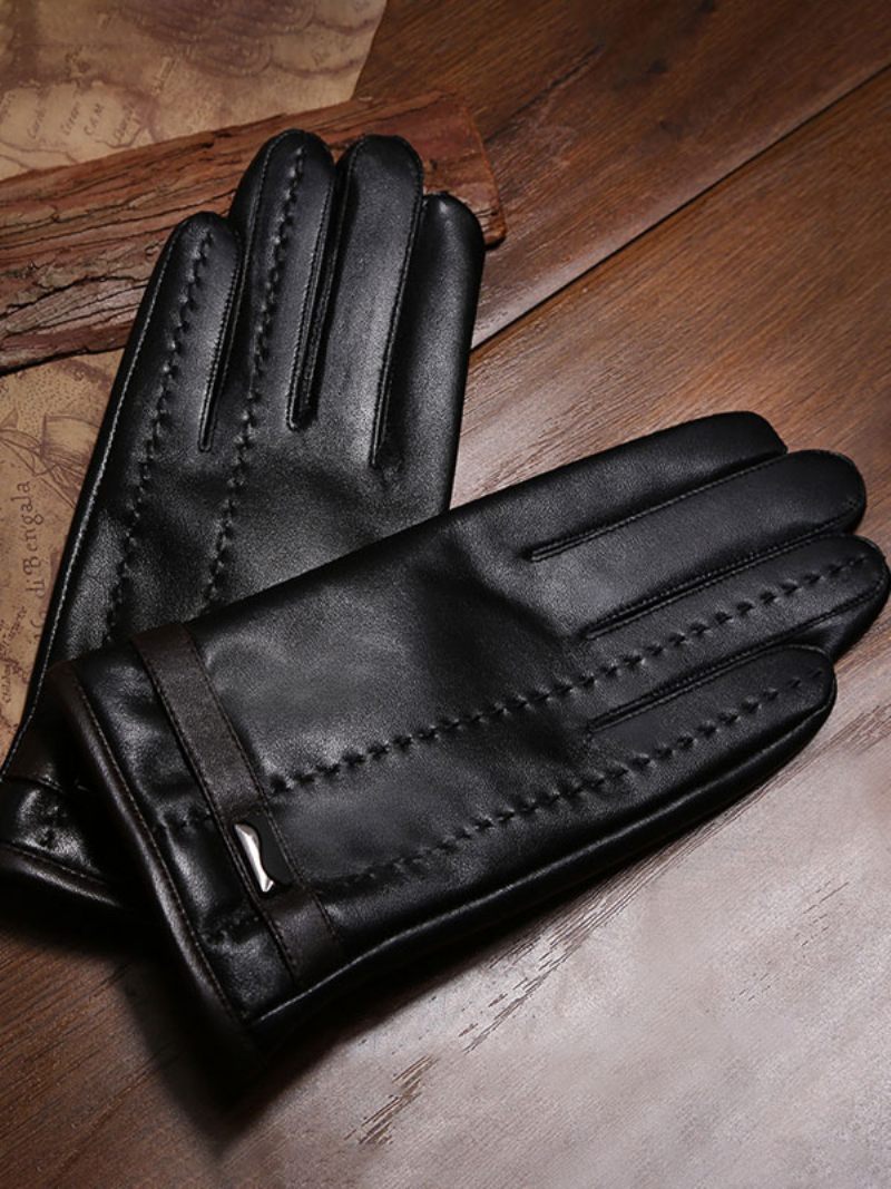 Gants Courts Imperméables Cuir D'hiver Chauffants Et Chauds Pour Hommes - Noir Brunâtre