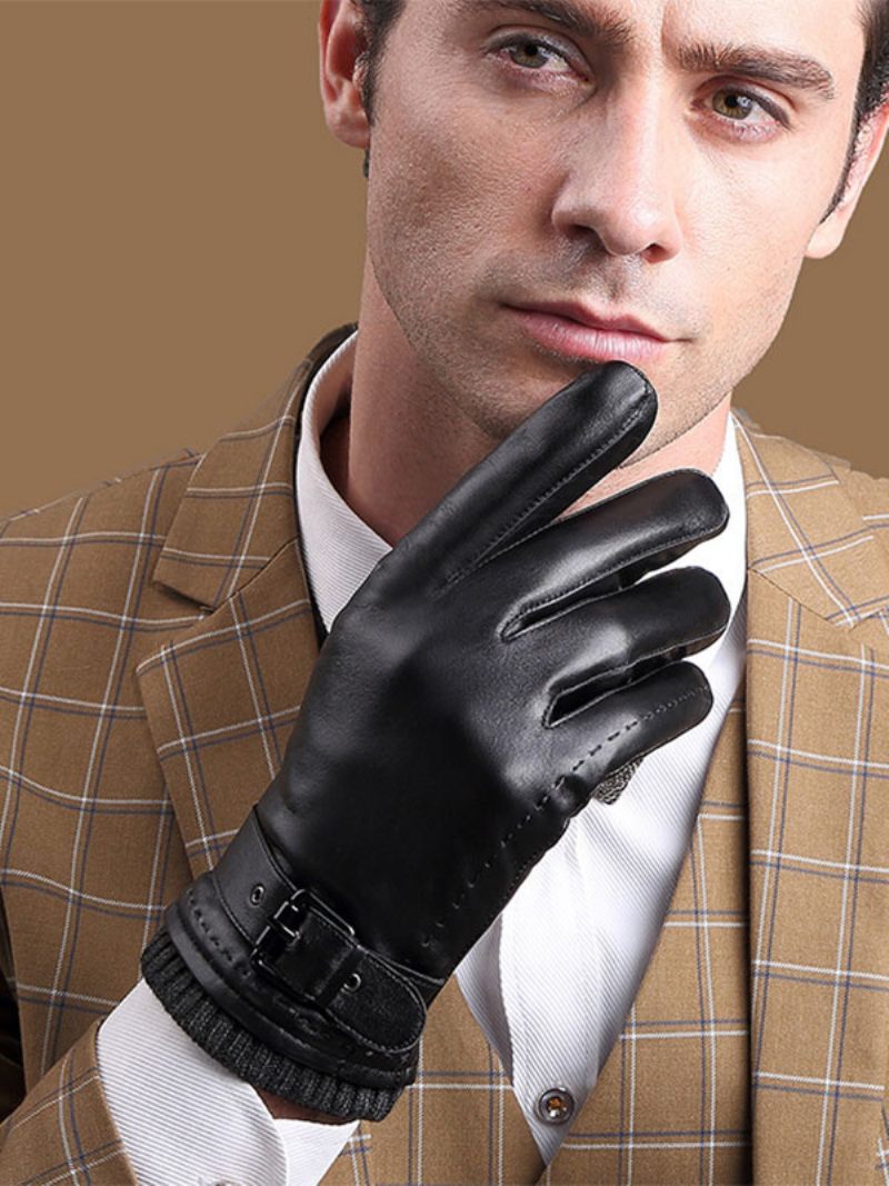 Gants Courts Imperméables Cuir D'hiver Chauffants Et Chauds Pour Hommes - Noir